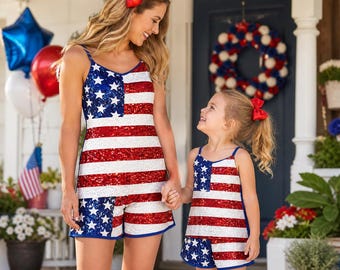 Mom and Me Patriotic Sequin Tank and Shorts Set, Matching Mommy and Me 4th of July Outfit, Red White Blue Family Look