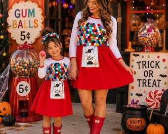 May include: Two matching dresses featuring white long sleeves, a red skirt, and a bodice covered in colourful pom-poms resembling a gumball machine. Each dress includes a silver square patch with the text 25 cents and a matching pom-pom headband.
