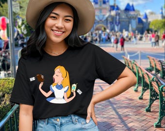 FREE EXPRESS SHIPPING! Disneyland Alice in Wonderland T-Shirt, Black Unisex Fit Tee, Theme Park Vacation Apparel, "Eat Me" "Drink Me"