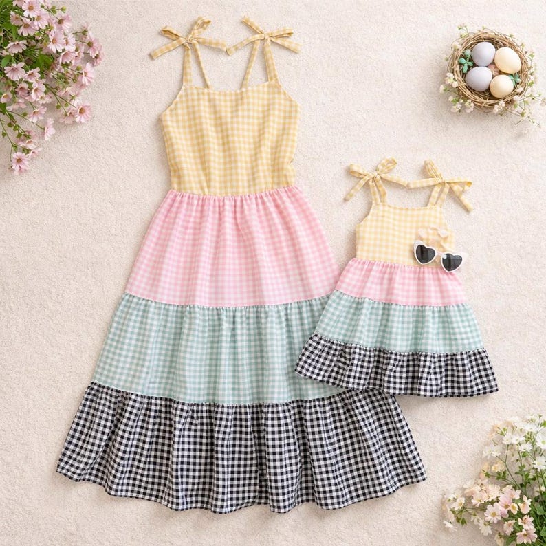 May include: Two matching gingham dresses, one adult and one child size, in yellow, pink, mint green, and black and white. The dresses have tie straps and tiered skirts. The child's dress has heart-shaped sunglasses.