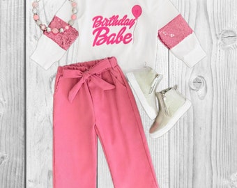 RESTOCKED! Girls/Toddler "Birthday Babe" Pink Corduroy Pant Set, 6-12 Months 12-18 Months 2T 3T 4T 5 6 7 8 10 12 14, Outfit, Boutique