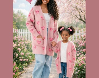 RESTOCKED! Mommy & Mini Pink Heart Cardigan, Matching Mommy And Me, Boutique Long Sleeve Valentine's Day Coordinating, Mom and Me