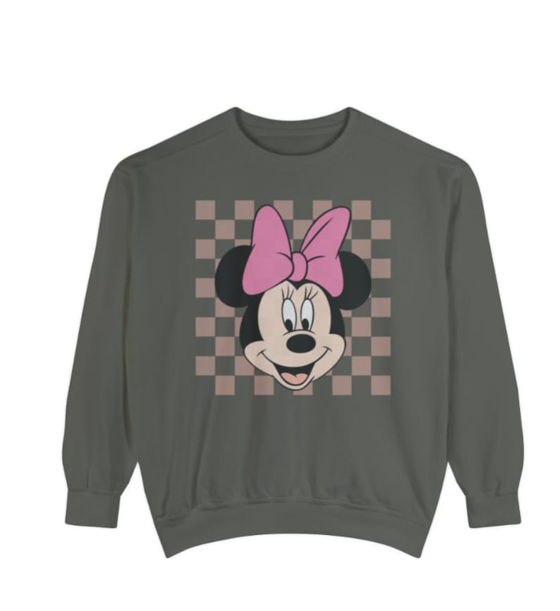 May include: A gray sweatshirt with a pink and black Minnie Mouse graphic on a checkered background.