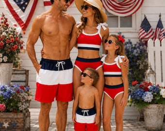 Matching Family Swimsuits Red White Blue | Patriotic Family Swimwear | 4th of July Bathing Suits