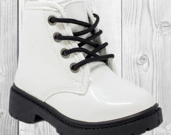 Girls/Toddler White Glitter Lace-Up Combat Boots