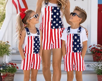 Mom & Kid Matching American Flag Denim Overalls, 4th of July Outfit, Patriotic Family Matching Clothes