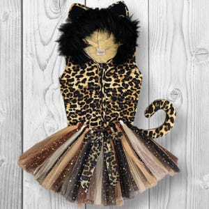 RESTOCKED! Girls/Toddler Cheetah Costume Set, Includes Cheetah Vest, Tutu, Black Long Sleeve Top & Tail! Deluxe Leopard Halloween Costume