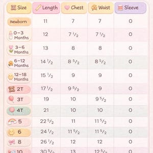 May include: A pink and white Baby & Kids Size Guide chart with measurements in inches. The chart includes sizes from Newborn to 14/16, with measurements for length, chest, waist, and sleeve. The chart is decorated with floral and star illustrations.