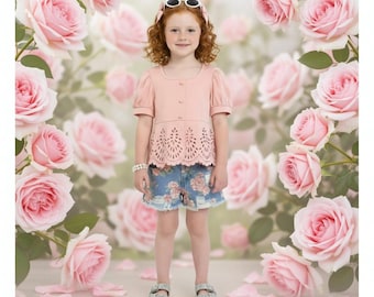 Girls/Toddler/Baby Pink Painted Rose Denim Short Set