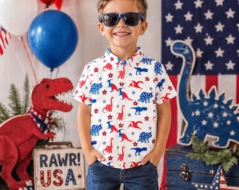 Patriotic Dinosaur Button Down Shirt for Boys | 4th of July Kids Shirt | Red White Blue Dino Outfit | Toddler Baby Sizes 6M–16Y