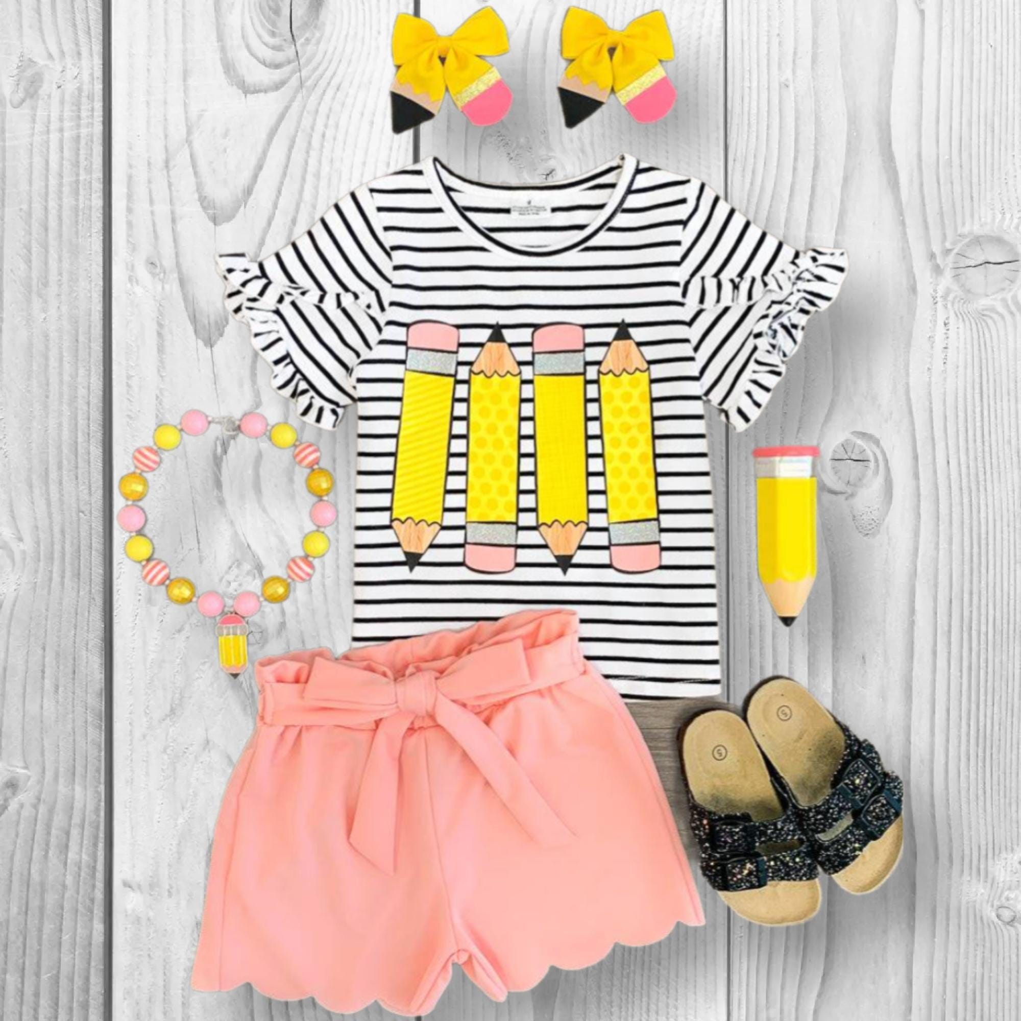 RESTOCKED! Girls/Toddler Pink Striped Glitter Pencil Short Set, 3T 4T 5 6 7 8 10 12 14 16 Years, First Day Of School, Back To School, Pre-K