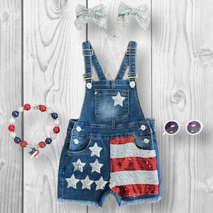 RESTOCKED! Girls/Toddler Stars & Stripes Sequin Denim Overalls, 6 12 18 Months 2T 3T 4T 5 6 7 8 10 12 14 16 Years, Memorial Day, 4th Of July