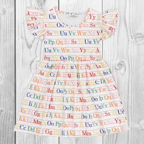 RESTOCKED! Girls/Toddler White Alphabet Dress, 3T 4T 5 6 7 8 10 12 Years, Back To School Dress, Skater Dress Rainbow Learning Letters ABC