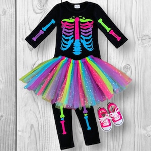RESTOCKED! Girls/Toddler 3PC Skeleton Tutu Pant Costume Set, Top, Skirt & Leggings Complete Halloween Outfit, Kid, Girls Halloween Costume