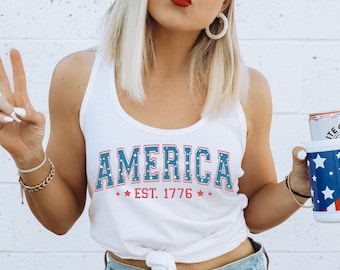 America Est. 1776 Women's Ideal Racerback Tank, Fourth Of July Shirt, Cute USA Tank Top, American Shirt, Patriotic Shirt, 4th Of July Tank