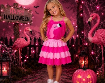 RESTOCKED! Girls/Toddler/Tween/Teen Pink Flamingo Costume, Includes Top & Skirt, Kid Animal Bird Dress Halloween Dress-Up, Deluxe Girls