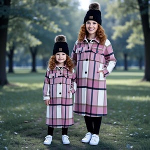 Mommy & Mini, Mom And Me - Pink Plaid Long Flannel Shacket, Trench Coat