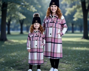 Mommy & Mini, Mom And Me - Pink Plaid Long Flannel Shacket, Trench Coat