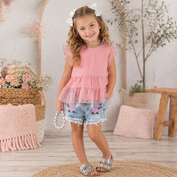 Swiss Dot Floral Denim Short Set | Cute Summer Outfit | Girls Matching Set