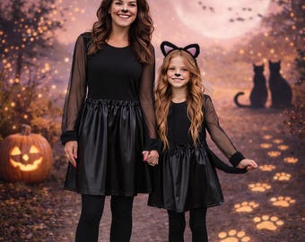 RESTOCKED! Girls/Toddler Black Cat Costume Set, Mom Sizes Available As Well! Mommy & Me, Includes Top, Skirt, Cat Headband And Tail