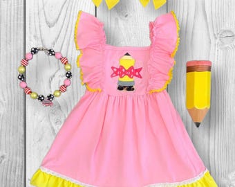 RESTOCKED! Girls/Toddler Pink Pencil Ruffle Dress, 3T 4T 5 6 7 8 10 12 14 16 Years, Back To School Dress, 1st Day Of School, Preschool
