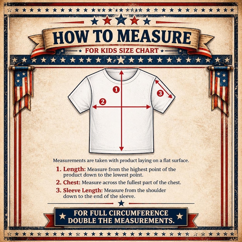 May include: A vintage-style graphic shows how to measure a t-shirt for kids. The white t-shirt has red measurement lines indicating length, chest, and sleeve length. Text reads "How to Measure" and "For Kids Size Chart."