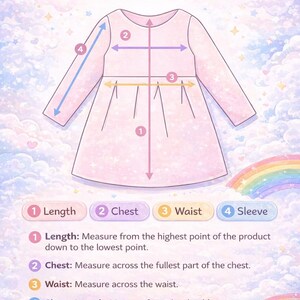 May include: Diagram illustrating how to measure a dress, with labels for length, chest, waist, and sleeve. The text "How to Measure" is at the top, with instructions below. The background features a pastel sky with rainbows.