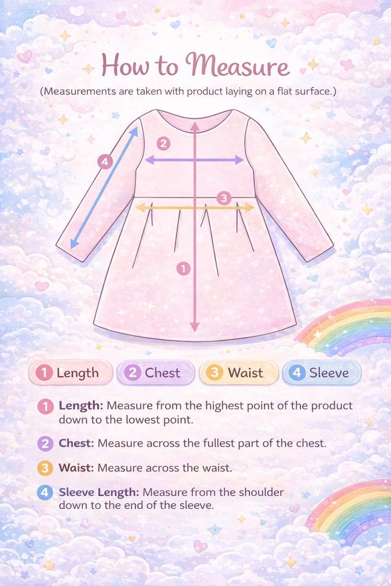 May include: Diagram illustrating how to measure a dress, with labels for length, chest, waist, and sleeve. The text "How to Measure" is at the top, with instructions below. The background features a pastel sky with rainbows.