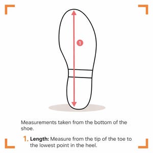 May include: A diagram of a shoe sole outline with a red arrow indicating length measurement. The text reads: "Measurements taken from the bottom of the shoe. 1. Length: Measure from the tip of the toe to the lowest point in the heel."
