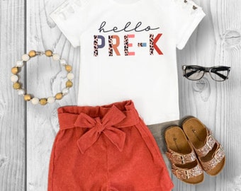 RESTOCKED! Girls/Toddler &quot;Hello Pre-K - 6th Grade&quot; Corduroy Short Set, 2T 3T 4T 5 6 7 8 10 12 14 16 18 Years, Back To School, 1st Day School