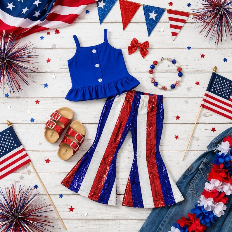 May include: A patriotic outfit for a child, featuring a blue tank top with white buttons, sequined red, white, and blue striped pants, and red sandals. Accessories include a bow, bracelet, and American flags.
