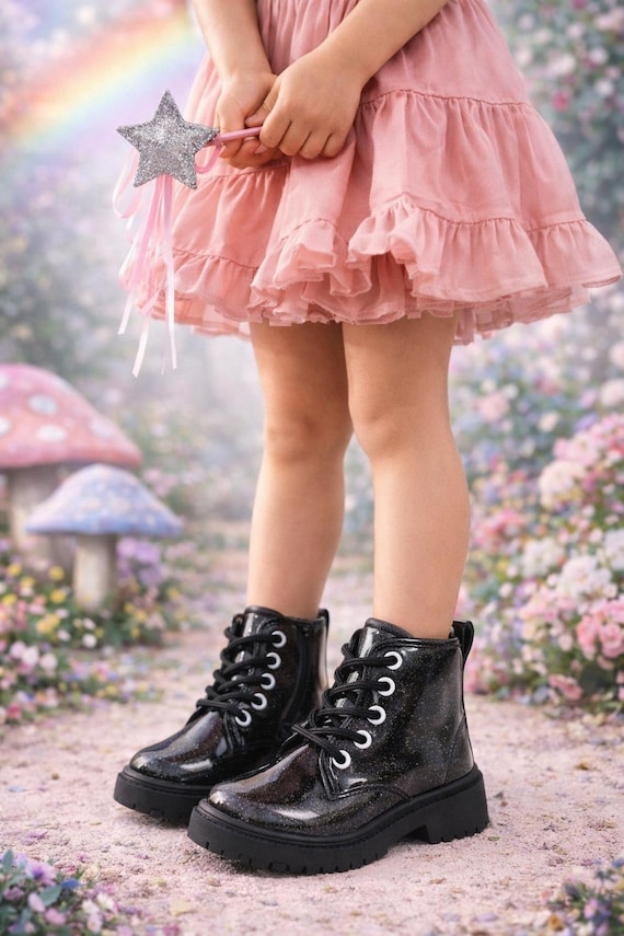 Girls/Toddler Black Glitter Lace-Up Combat Boots