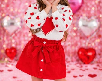 RESTOCKED! Girls/Toddler Hearts & Pearls Red Skirt Set Or Onesie 0-3, 3-6, 6-12 12-18 Months 2T 3T 4T 5 6 7 8 10 12 14 16, Boutique, White