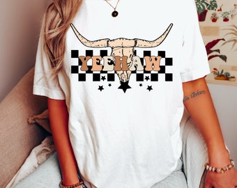 Women's Girl's "Yeehaw" Unisex Fit Jersey Short Sleeve Tee, Cowgirl Shirt, Western T-Shirt, Retro, Cattle Skull, Checkers, Neutral, Punchy