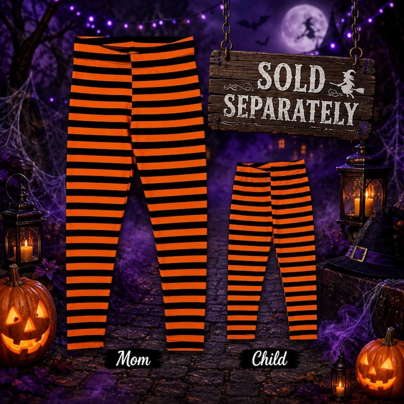 May include: Two pairs of leggings featuring horizontal black and orange stripes. One pair is larger and labelled Mom, while the other is smaller and labelled Child. A wooden sign hanging above the leggings displays the text SOLD SEPARATELY.