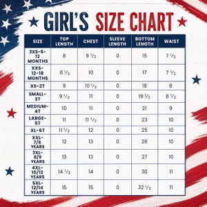 May include: A size chart for girls' clothing, with measurements in inches. The chart includes sizes from 3XS (6-12 months) to 5XL (12/14 years), detailing top length, chest, sleeve length, bottom length, and waist measurements.