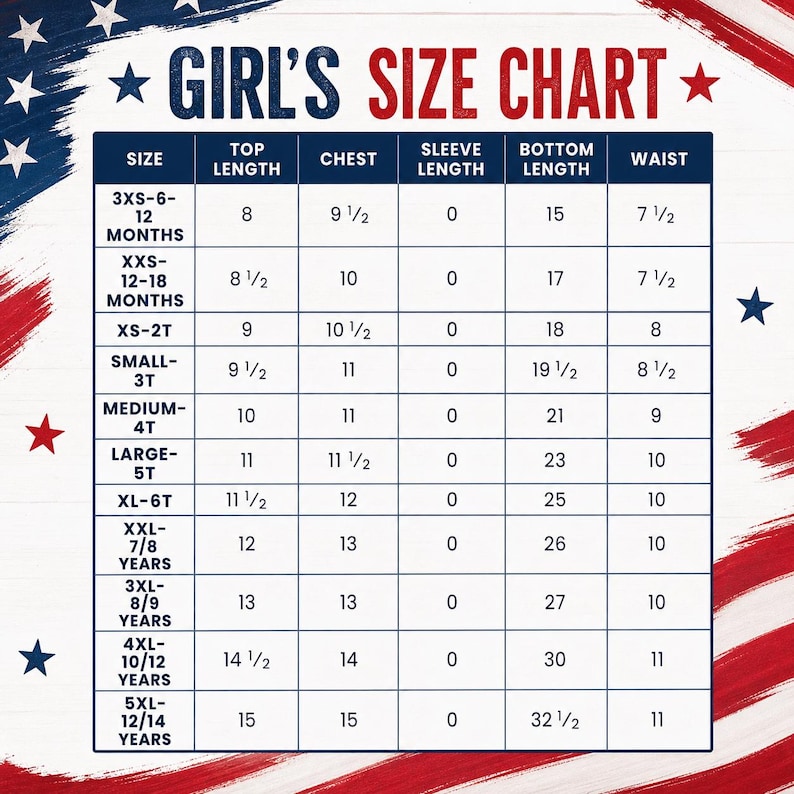 May include: A size chart for girls' clothing, with measurements in inches. The chart includes sizes from 3XS (6-12 months) to 5XL (12/14 years), detailing top length, chest, sleeve length, bottom length, and waist measurements.