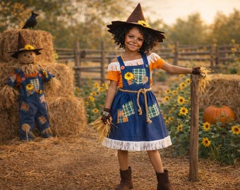 RESTOCKED! Girls/Toddler Scarecrow Costume - 5 Piece Set, Includes Top, Jumper, Hat, Belt & Gloves, Deluxe Halloween Costume, Fall, Autumn