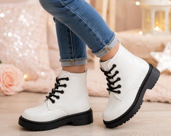 Girls White Glitter Combat Boots | Toddler Lace-Up Boots | Sparkly Fashion Boots for Girls | Fall & Winter Shoes