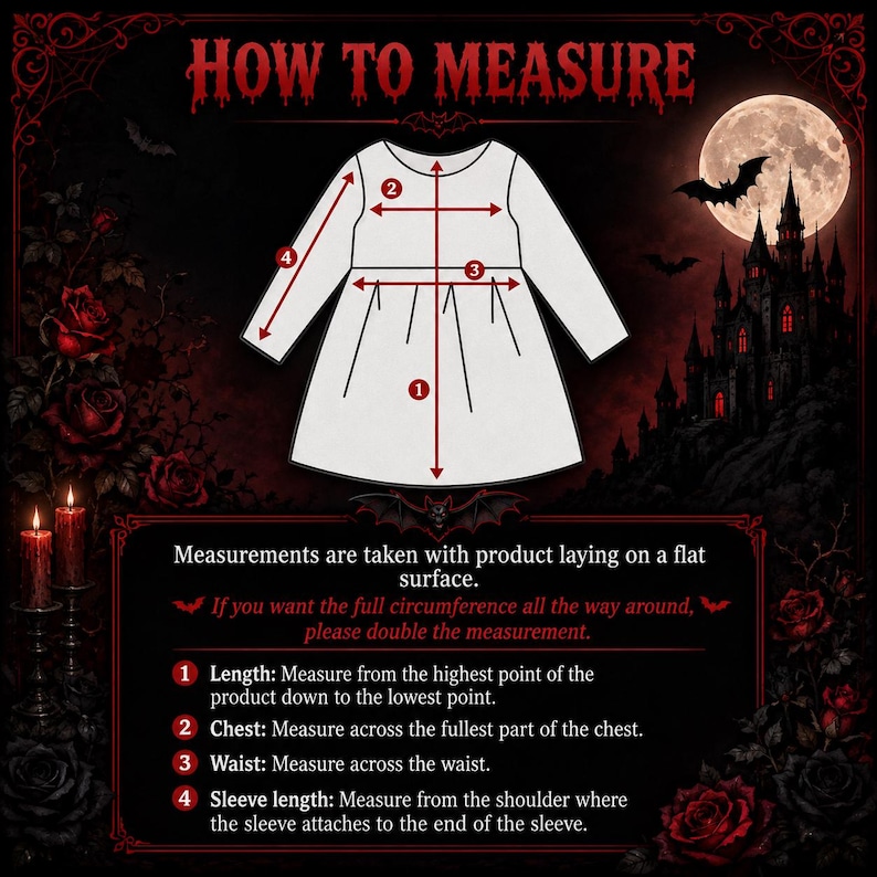 May include: A white dress outline diagram on a dark background with the text HOW TO MEASURE. It includes numbered arrows indicating length, chest, waist, and sleeve length measurements, with instructions to double the measurement for circumference.