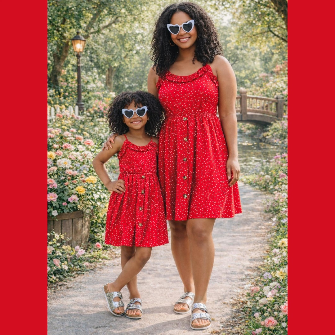 mom and daughter matching red dresses Mommy and Me Matching Red Polka Dot Dress, Mom and Daughter Outfit, Family Matching Dresses, Retro Polka Dot Dress, Mom Mini Outfit Set
