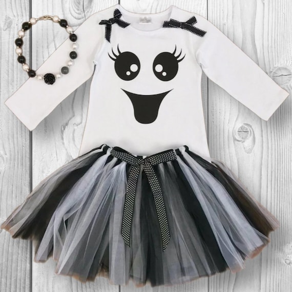 RESTOCKED! Girls/Toddler Ghost Tutu Costume Set, Includes Top & Skirt, Deluxe Black And White Ghost Halloween Costume, Boutique