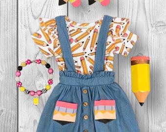 Girls/Toddler White Pencil Chambray Suspender Skirt Set, 3T 4T 5 6 7 8 10 12 14 16 Years, Back To School, First Day Of School Outfit