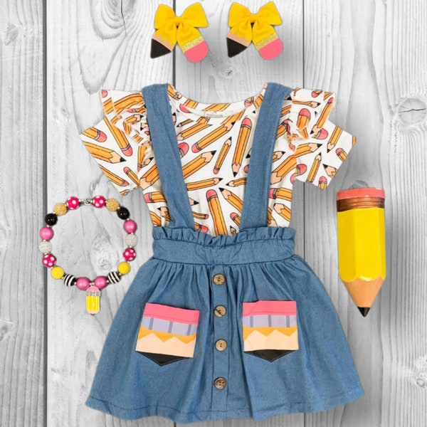 Girls/Toddler White Pencil Chambray Suspender Skirt Set, 3T 4T 5 6 7 8 10 12 14 16 Years, Back To School, First Day Of School Outfit