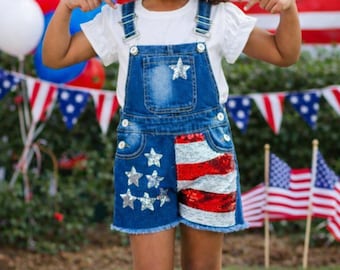 RESTOCKED Girls Stars & Stripes Sequin Denim Overalls | Toddler And Kids 4th of July Outfit | Patriotic USA Shortalls 6M–16Y