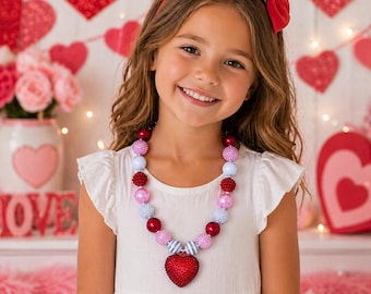 Valentine Bubblegum Necklace for Girls, Heart Pendant Chunky Bead Necklace, Kids Valentines Jewelry, Toddler Necklace Gift, Red Pink Beads