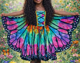 Rainbow Butterfly Costume for Girls & Toddlers, Butterfly Dress Up Set, Dress, Wings and Headband, 3 Piece Halloween Costume, Boutique