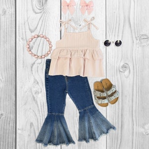 RESTOCKED! Girls/Toddler/Baby Light Pink Denim Bell Bottom Set, 6 12 18 Months 2T 3T 4T 5 6 7 8 10 12 Years, Outfit, Boutique, Spring