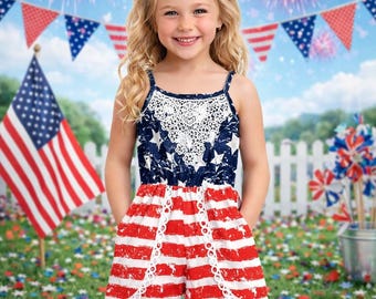 Girls Patriotic Stars & Stripes Romper – Distressed American Flag Outfit, 4th of July Toddler And Kids Sizes