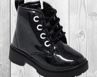 Girls/Toddler Black Glitter Lace-Up Combat Boots